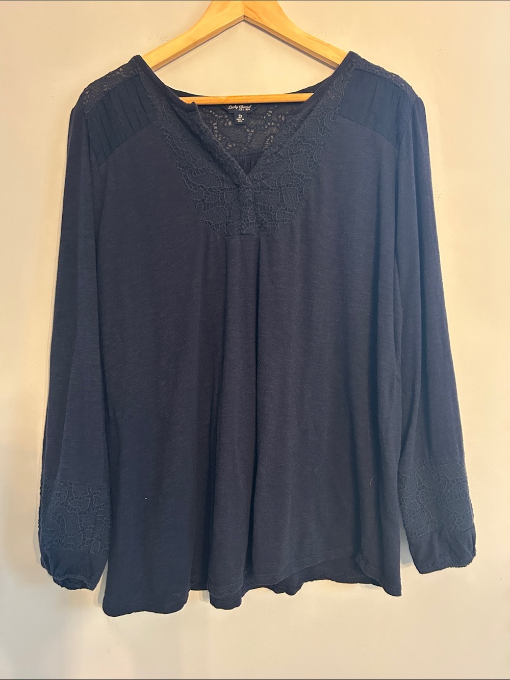 Lucky Brand Navy Blue V-Neck Lace Yoke Long Sleeve Top